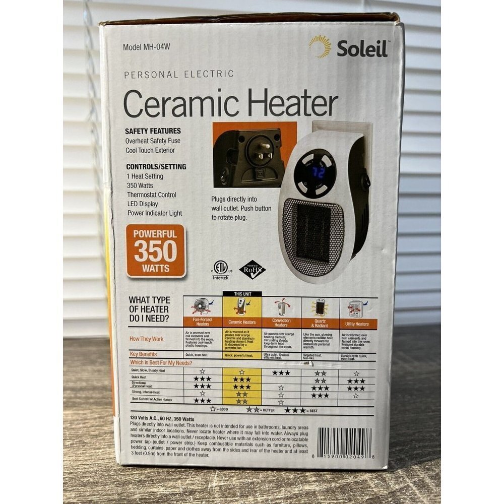 Soleil Electric 350W Personal Ceramic Heater:Powerful,safe coolTouch Outer,WHITE - Picture 4 of 5